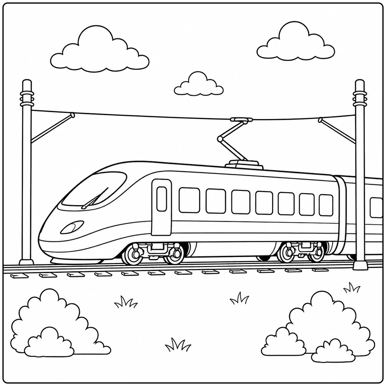 Gestroomlijnde hogesnelheidstrein rijdt onder bovenleidingen langs struiken en wolken