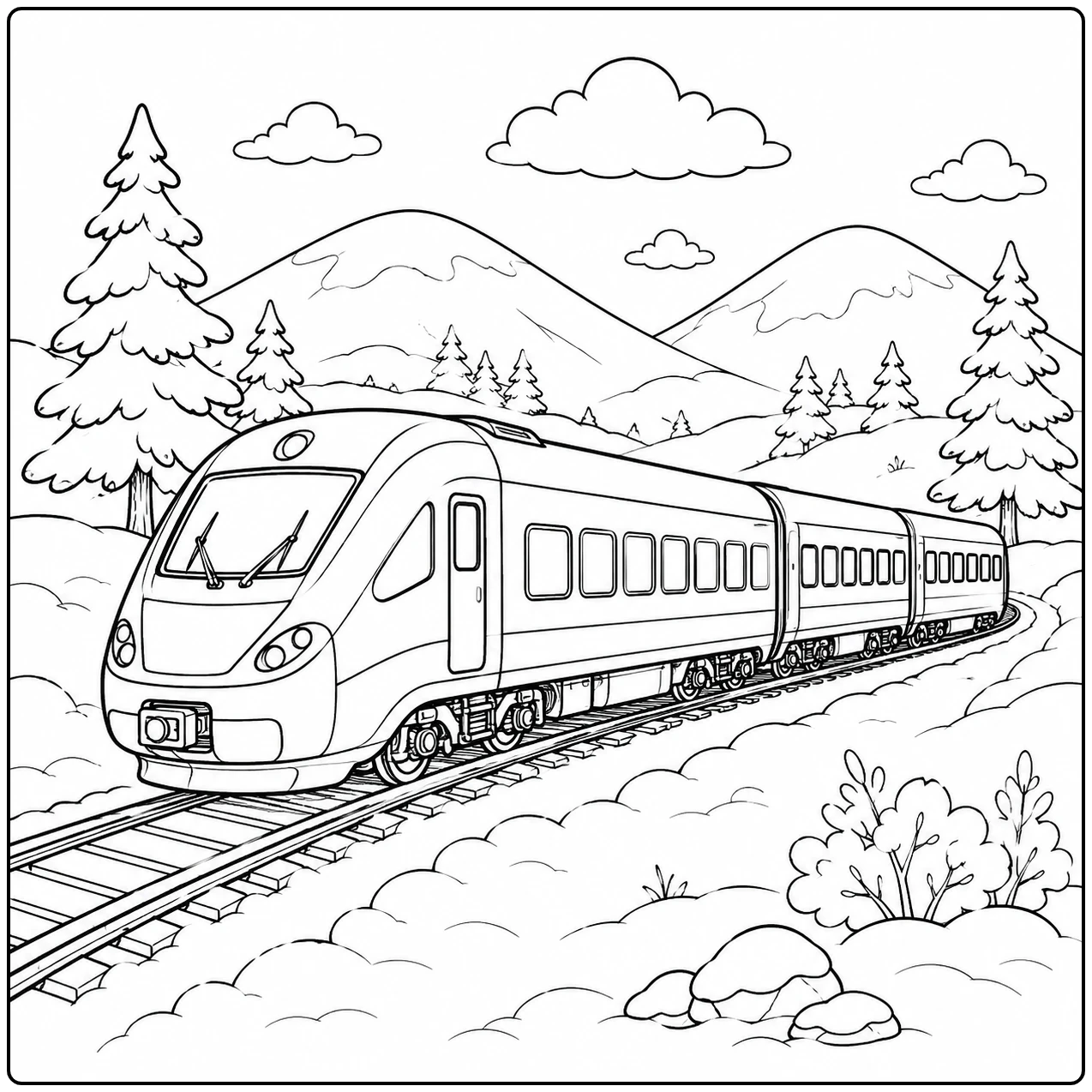 Gestroomlijnde trein doorkruist een bergdal met naaldbomen en hoge toppen op de achtergrond
