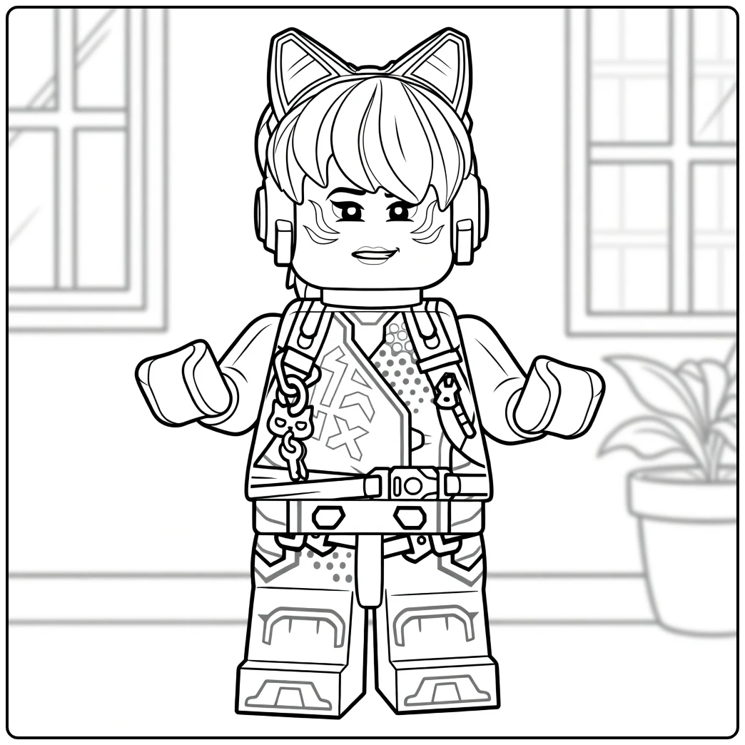 kleurplaat Sora ninjago met roze haar, kattenoren en koptelefoon