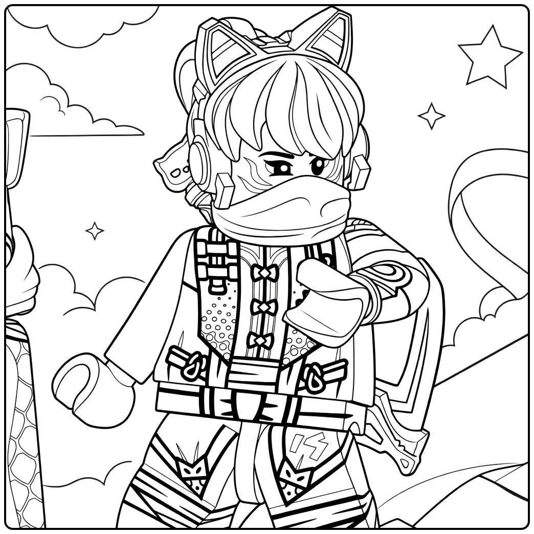 Lijntekening van Sora met roze haar, rode katte-oren en blauwe koptelefoon kleurplaat Sora ninjago