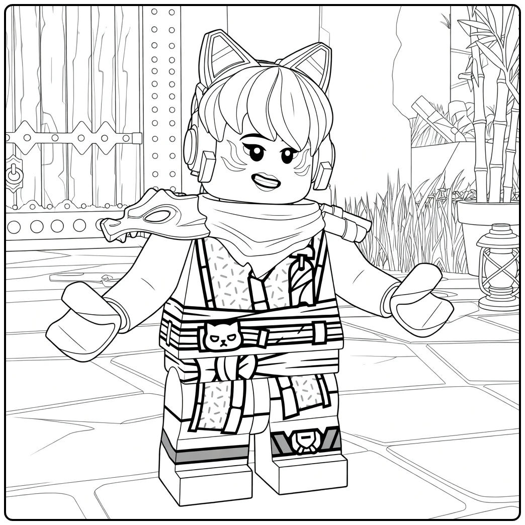 kleurplaat Sora ninjago van een figuur met katachtige oren en gestreept vest die met armen uitgestrekt staat