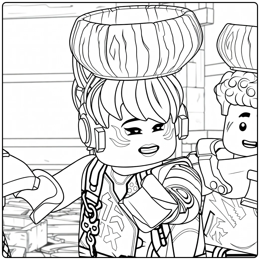Kleurplaat Sora ninjago met een centrale figuur die vooruit wijst en een grote houten komhoed draagt