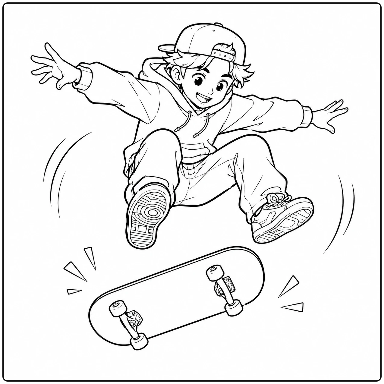 Jongen zweeft met gespreide armen boven een kantelend board tijdens een spectaculaire skateboardtruc