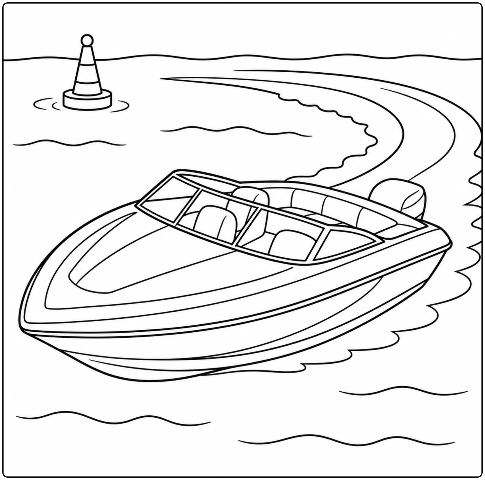 Snelle motorboot maakt een brede bocht met gebogen hekgolf en een boei in de verte