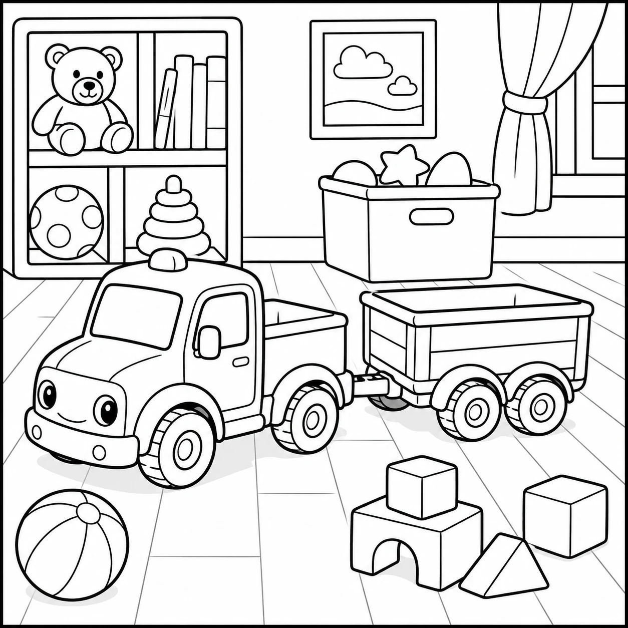 Speelgoedtruck met kiepaanhanger staat tussen blokken, een bal en speelgoed in een kinderkamer.