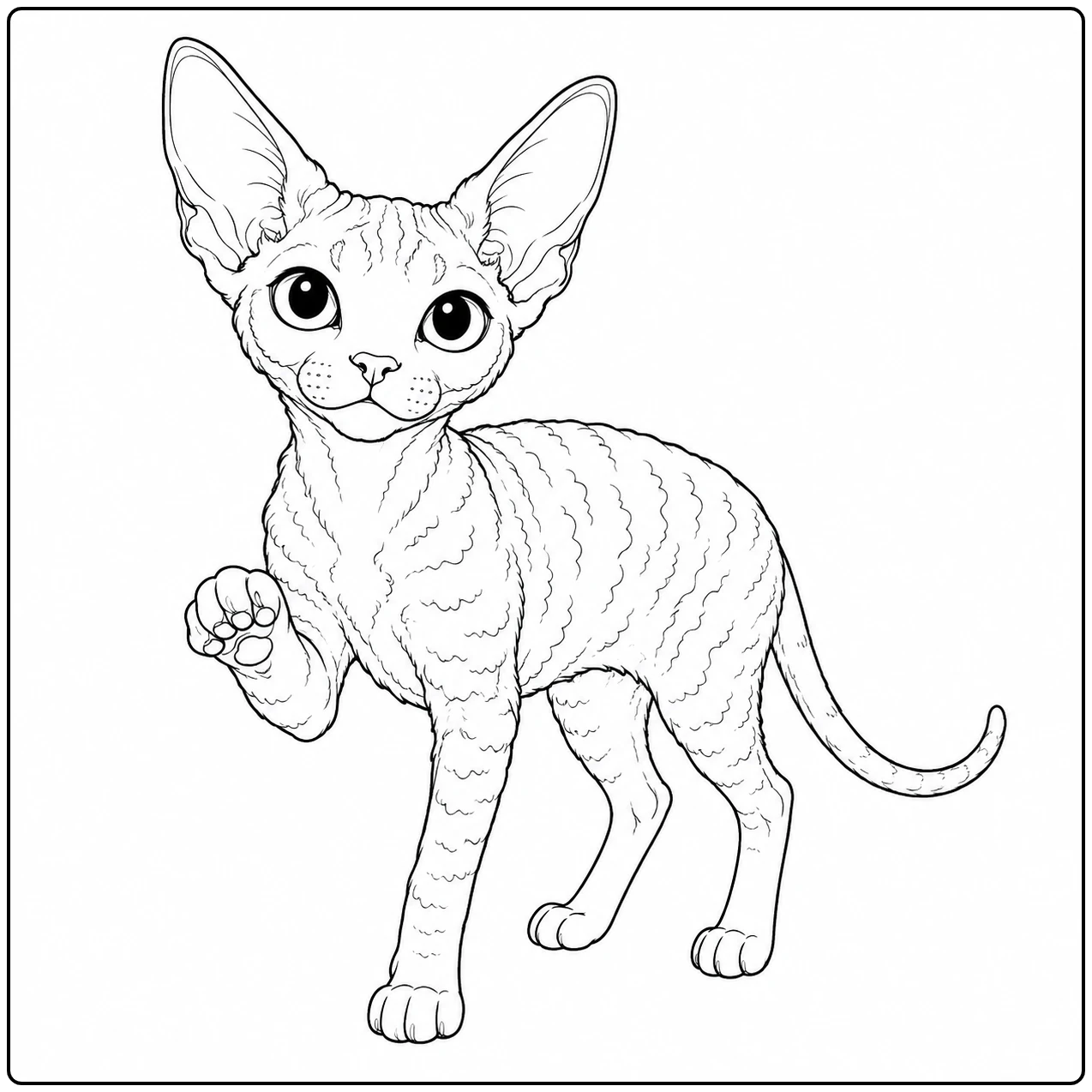 Staande kitten houdt een klein rond speeltje omhoog voor een speelse kleurplaat devon rex.