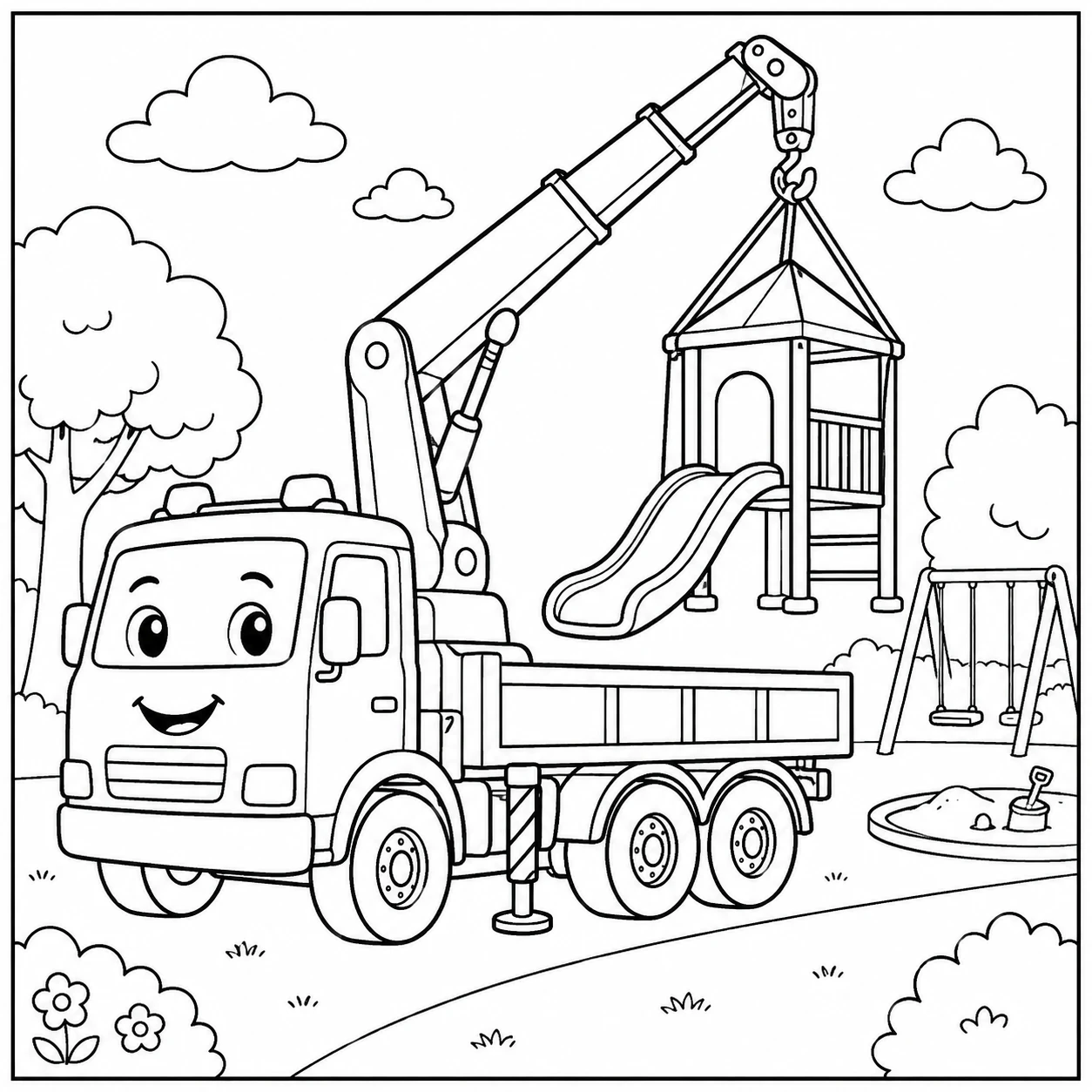 Kraanwagen tilt een speeltoestel boven een park met bomen en glijbaan.
