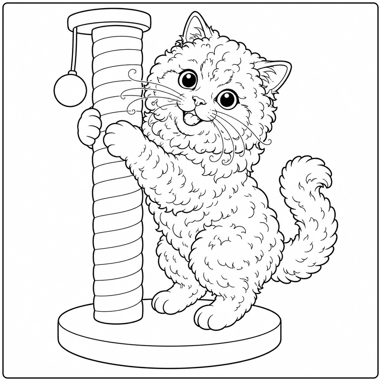 Speels katje rekt zich uit langs een krabpaal in deze kleurplaat selkirk rex met hangende bal.