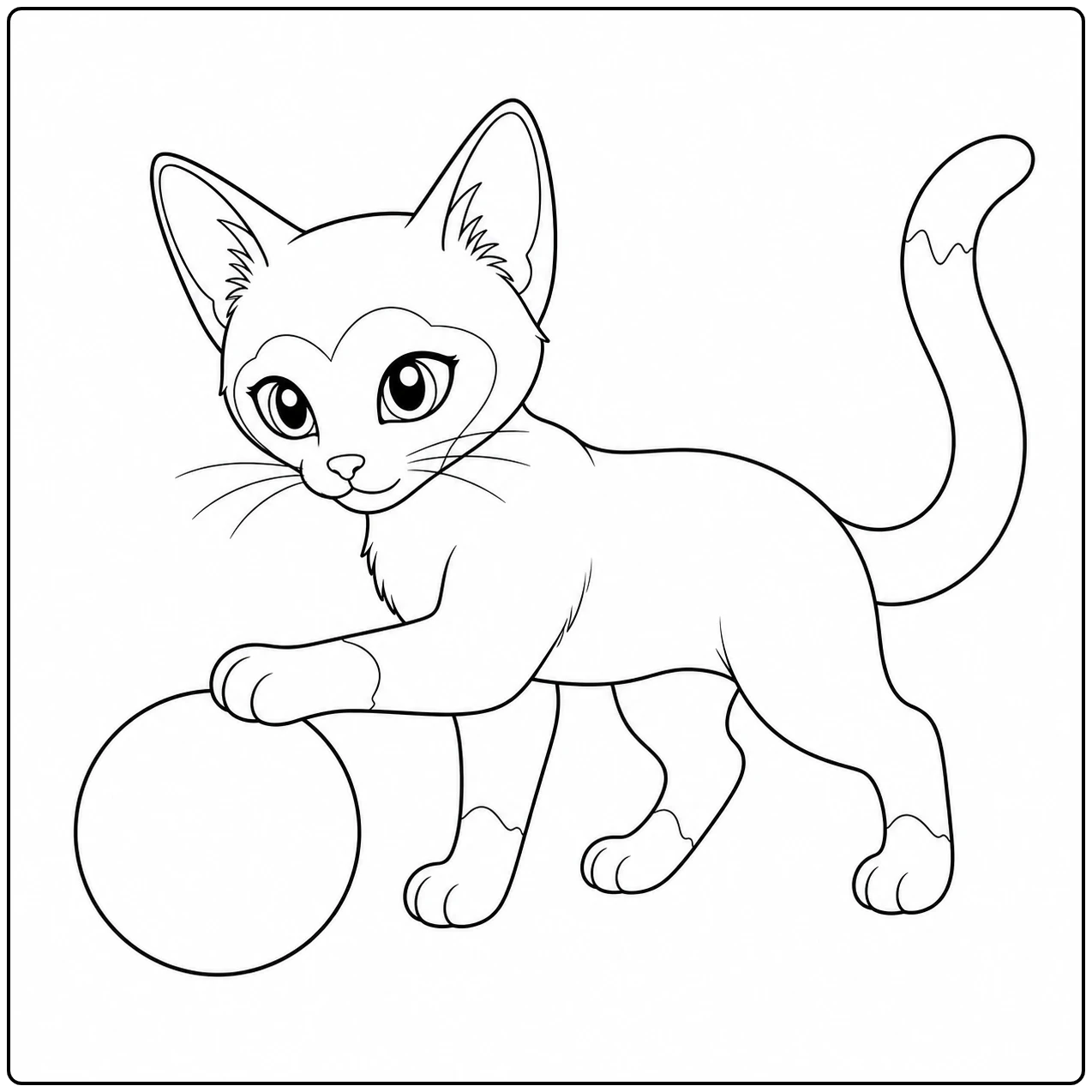 Speelse kitten met één poot op een bal, lange staart omhoog en een vrolijke, actieve houding