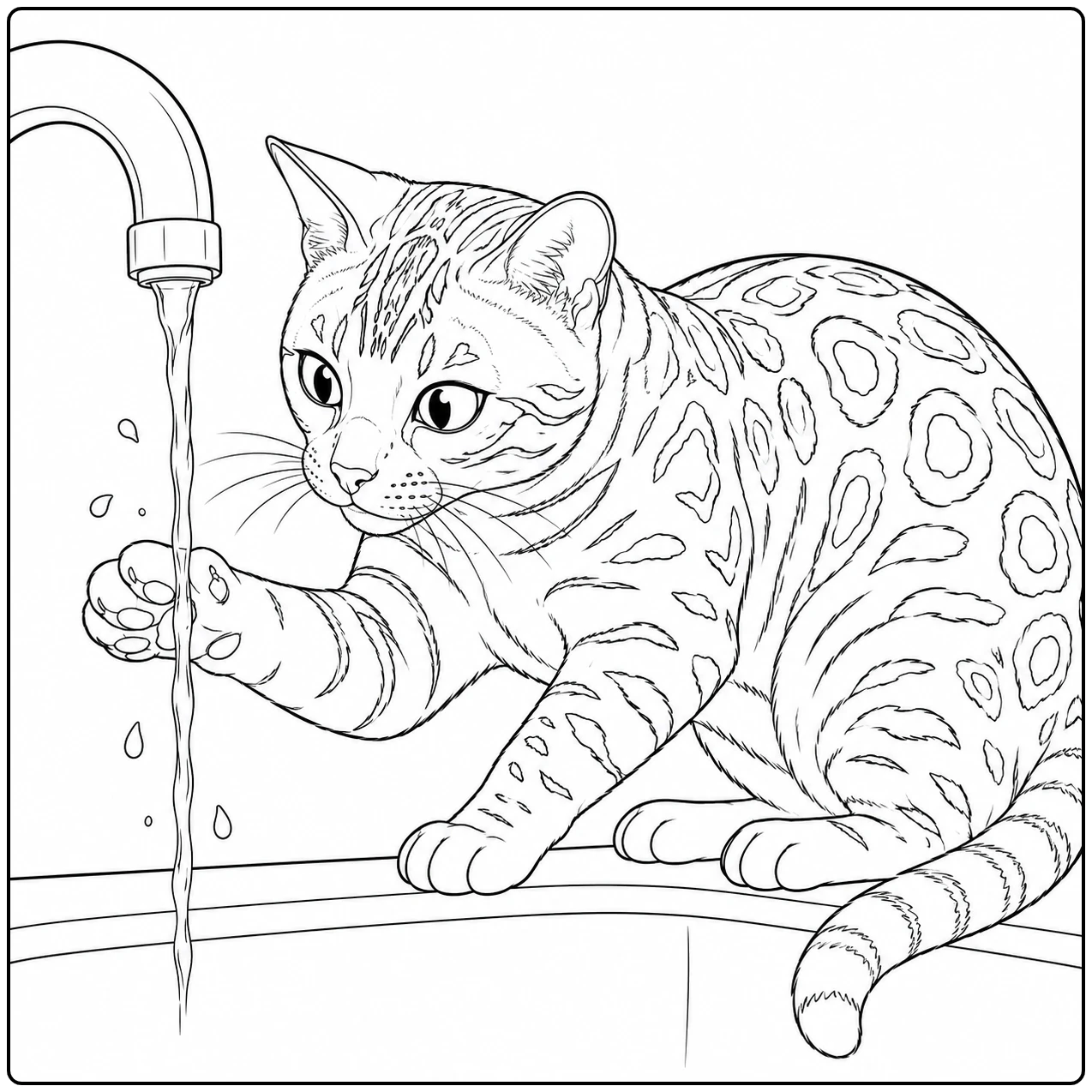 Nieuwsgierige kat tikt naar druppels uit de kraan, een levendige kleurplaat bengaal.