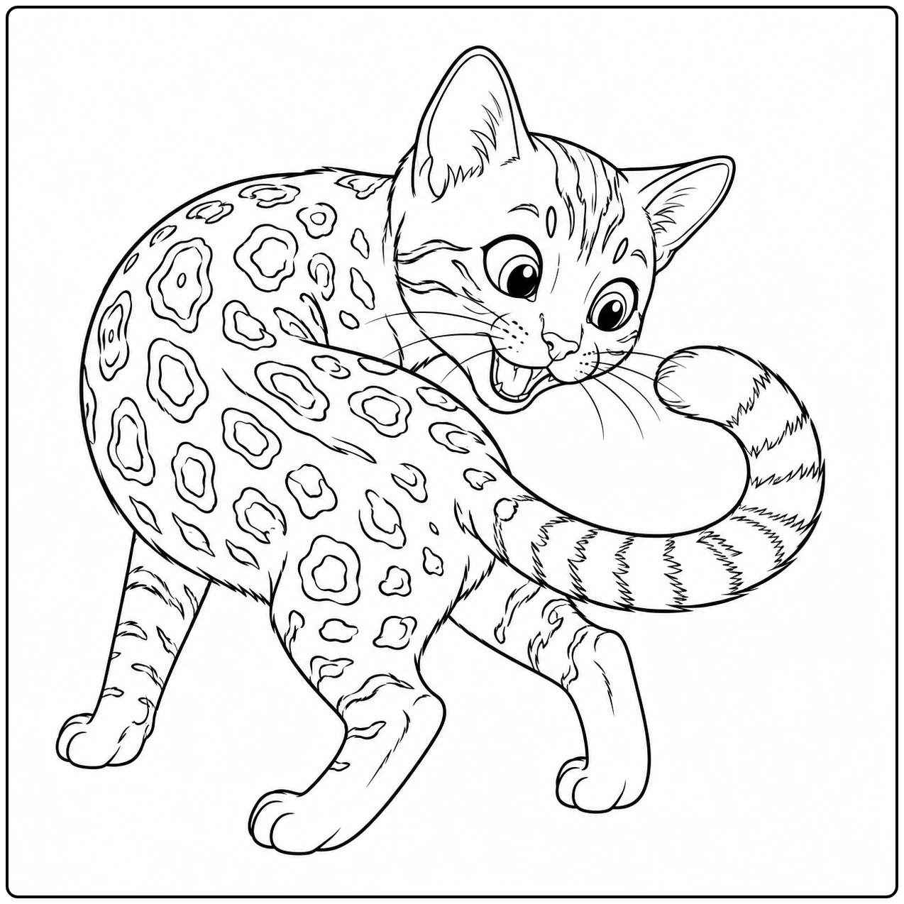Speelse gevlekte kat buigt zich om en houdt haar geringde staart dicht bij de bek.