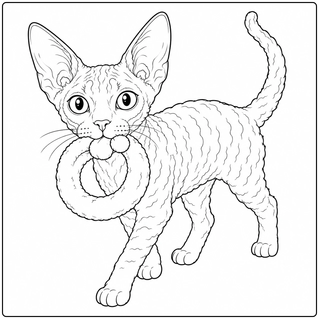 Nieuwsgierige Devon Rex staat rechtop met een ronde speelgoedring stevig in de bek.