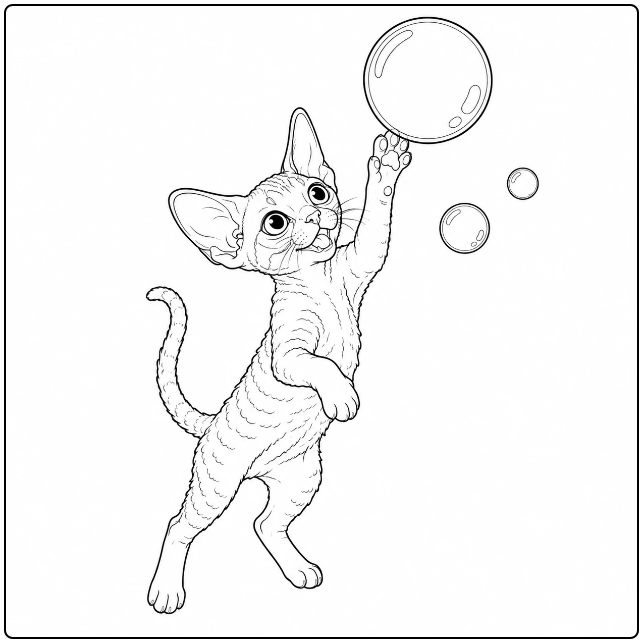 Springende kitten reikt naar drie zwevende bellen in een kleurplaat devon rex vol beweging.