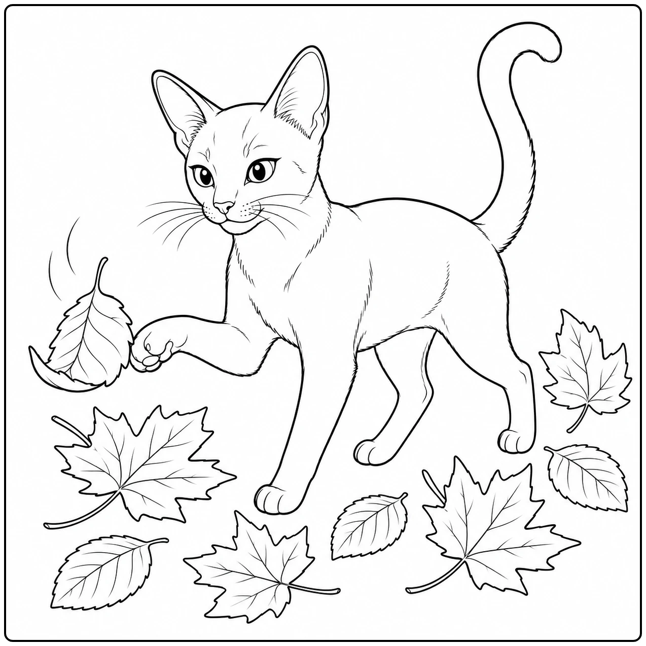 Slanke kat loopt tussen verspreide herfstbladeren en tilt aandachtig één voorpoot op.