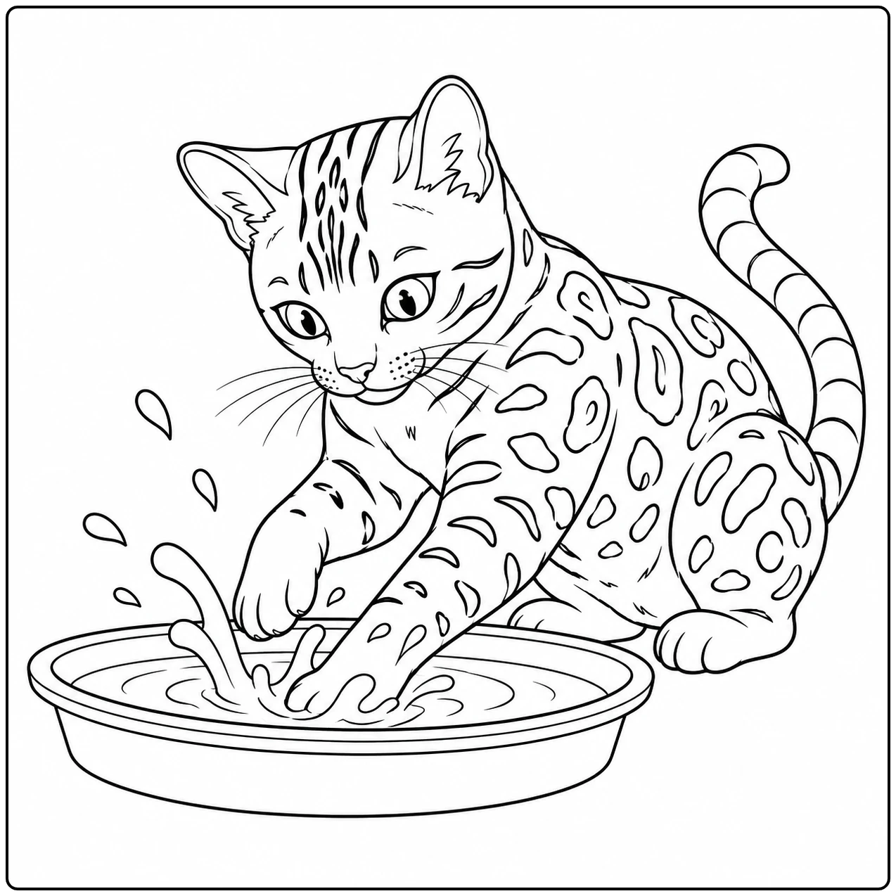 Bengaalse kitten slaat met een poot in een lage waterbak terwijl druppels opspatten.