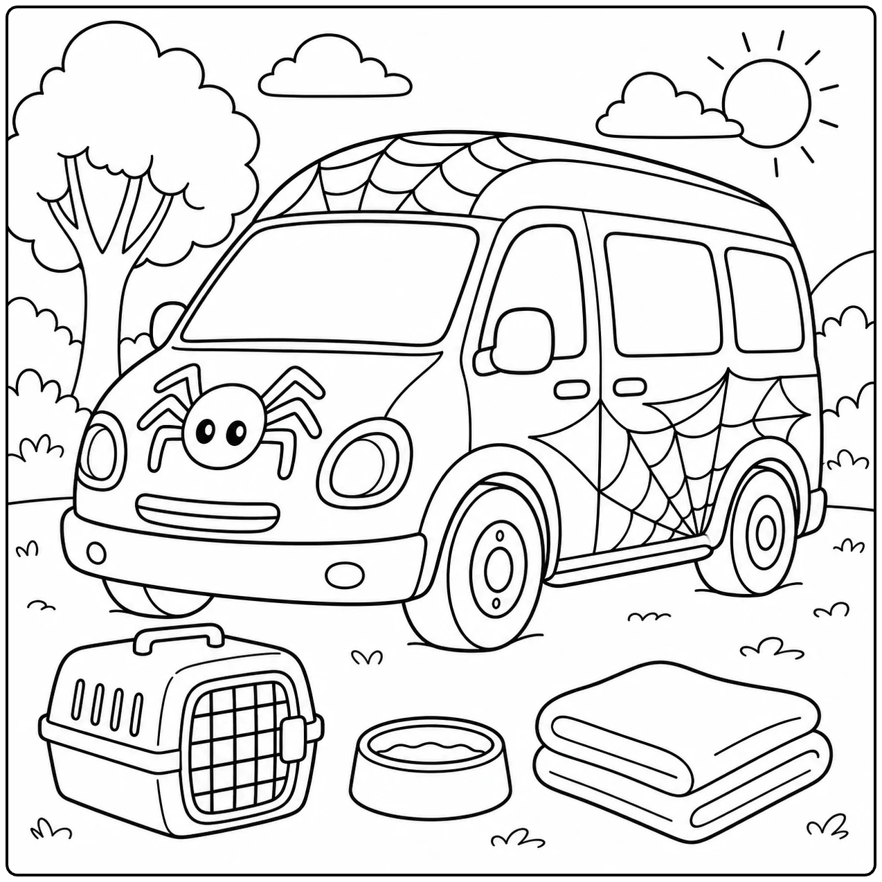 Kleurplaat spiderman auto toont een compacte bus met spinnenwebdetails en accessoires rondom