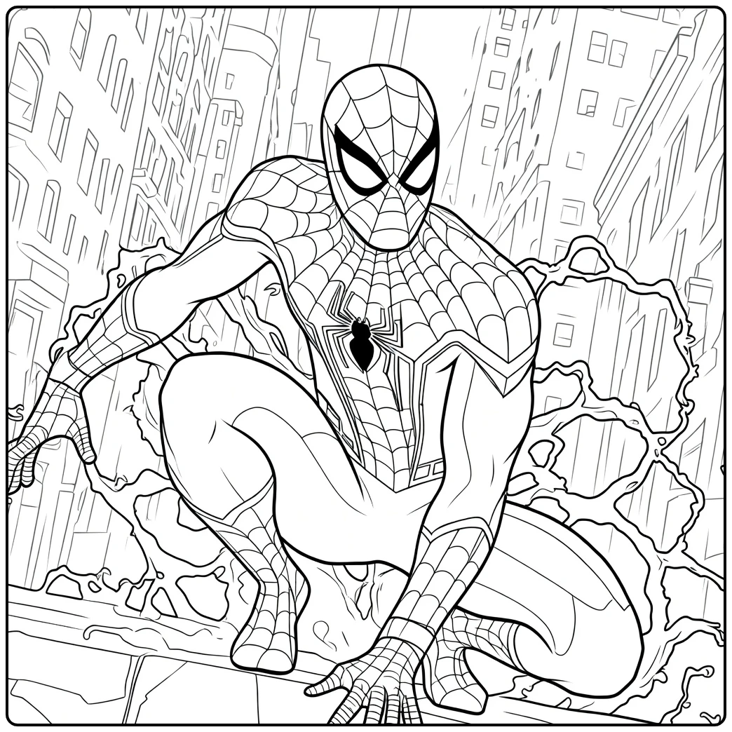Gehurkte gemaskerde figuur in webpak met energie-tendrils tegen stadsgebouwen spiderman kleurplaat