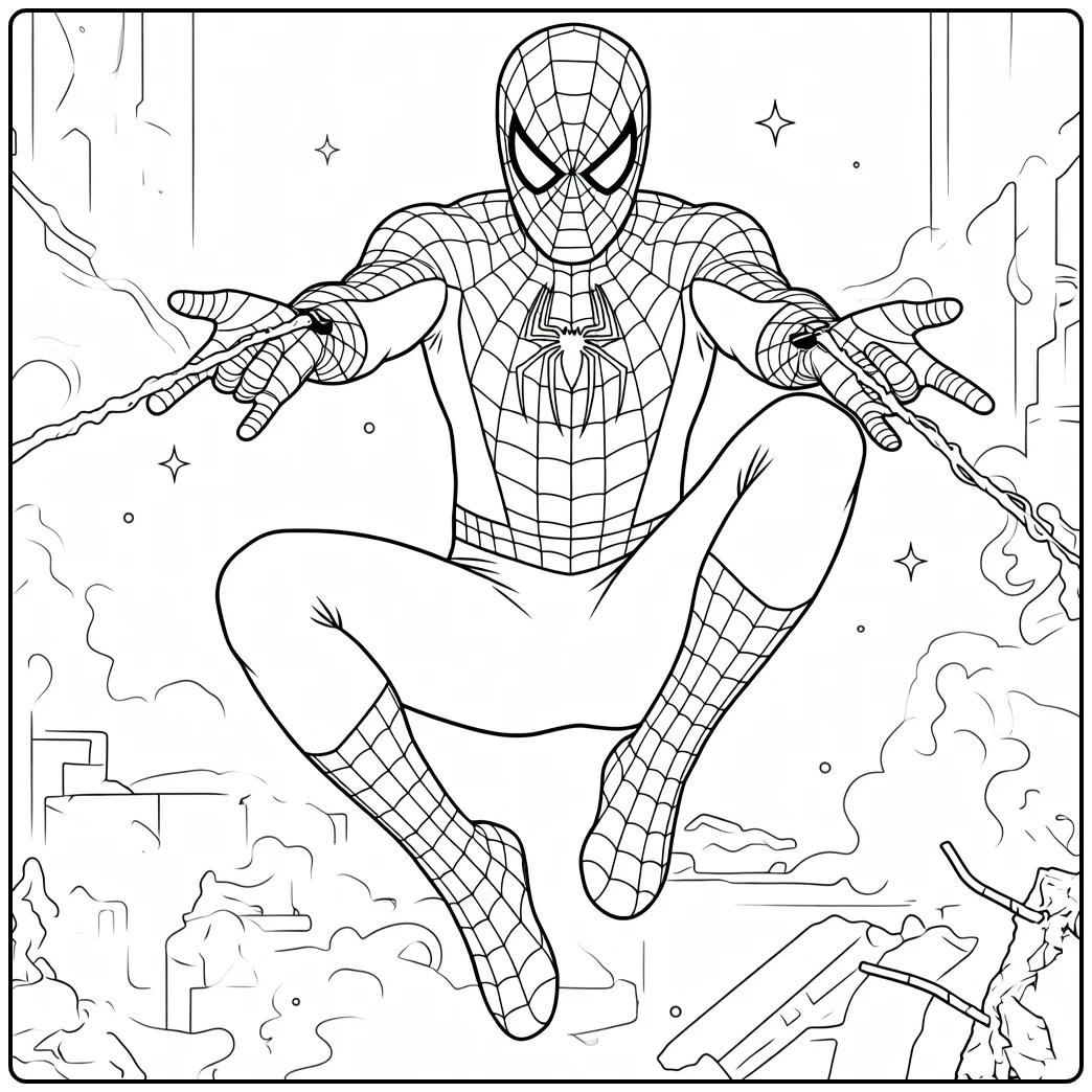 Held in spinnenpak maakt een sprong in de lucht en schiet webstrengen spiderman kleurplaat
