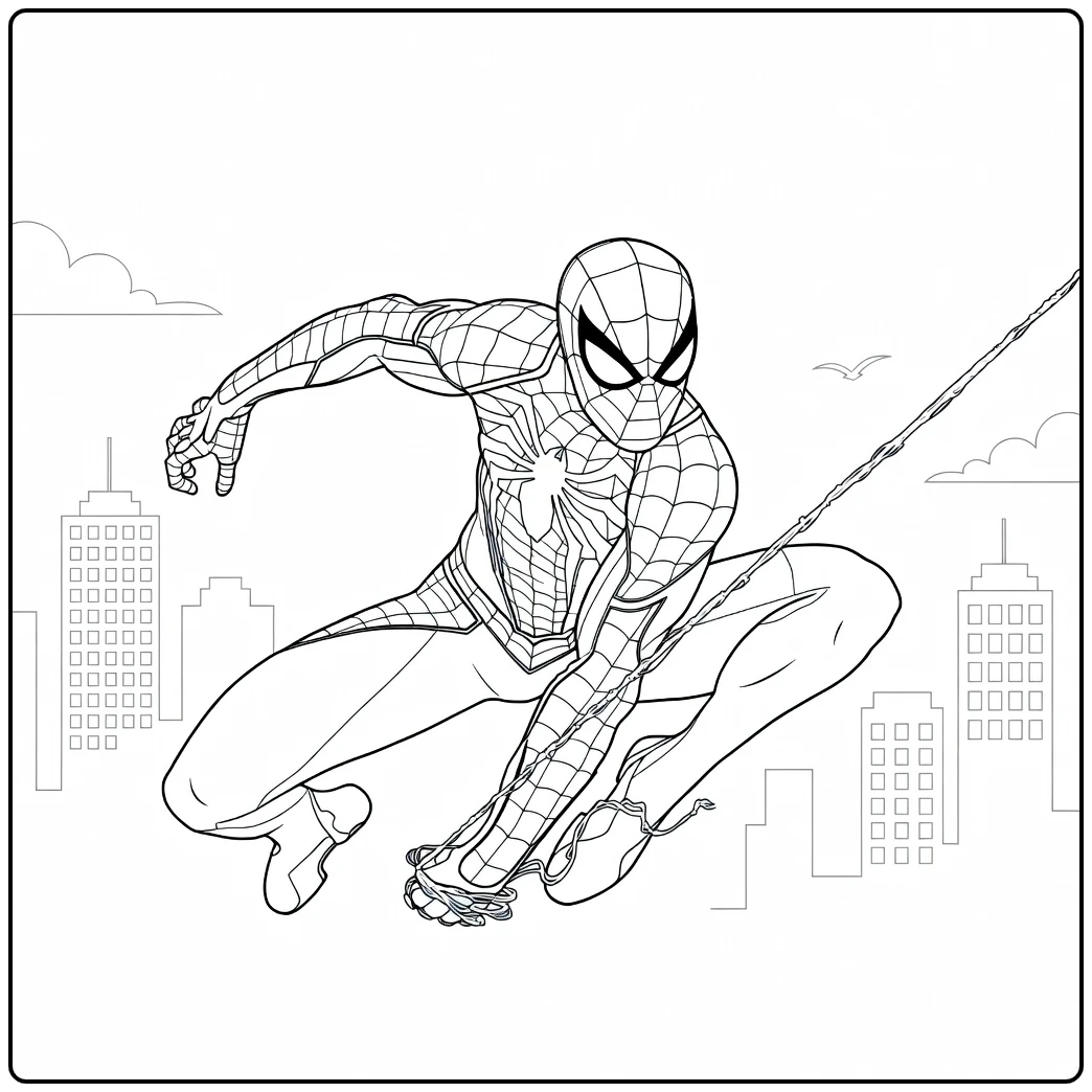 Dynamische held in masker en webpak die slingert op een spiderman kleurplaat