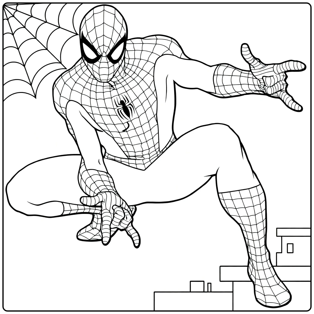 Held met masker en webpatroon in dynamische hurkpose spiderman kleurplaat