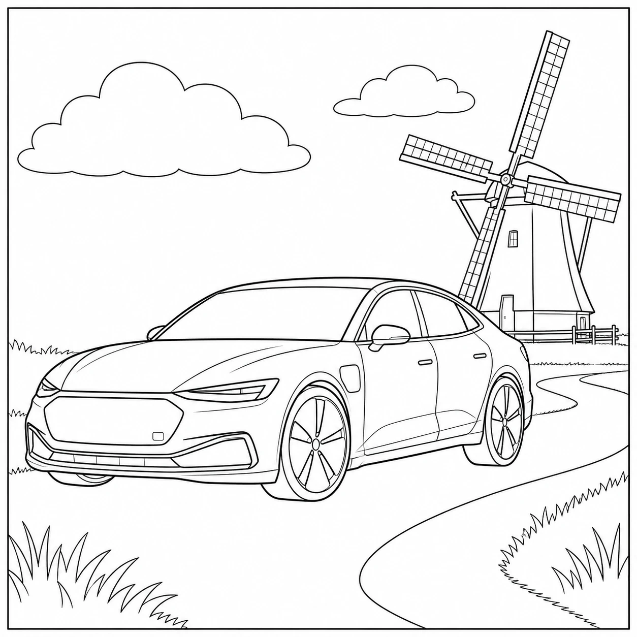 Sportieve sedan op een landweg bij een windmolen, met wolken en gras langs de bocht