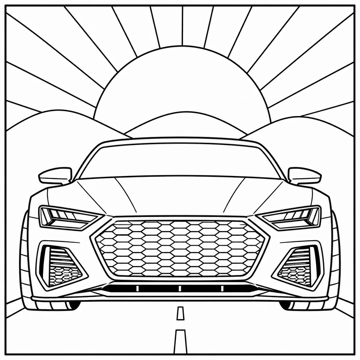 Kleurplaat auto audi van een sportieve wagen recht van voren met een grote opkomende zon