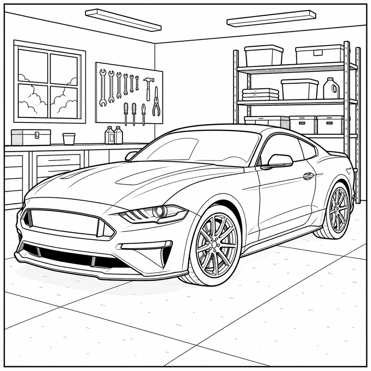 Sportwagen in een garage met gereedschap en moderne achtergrond