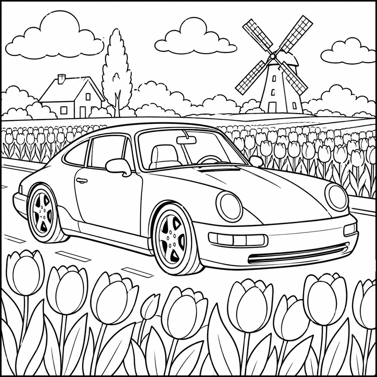 Porsche 911 kleurplaat auto met een sportwagen tussen tulpenvelden en een Nederlandse molen