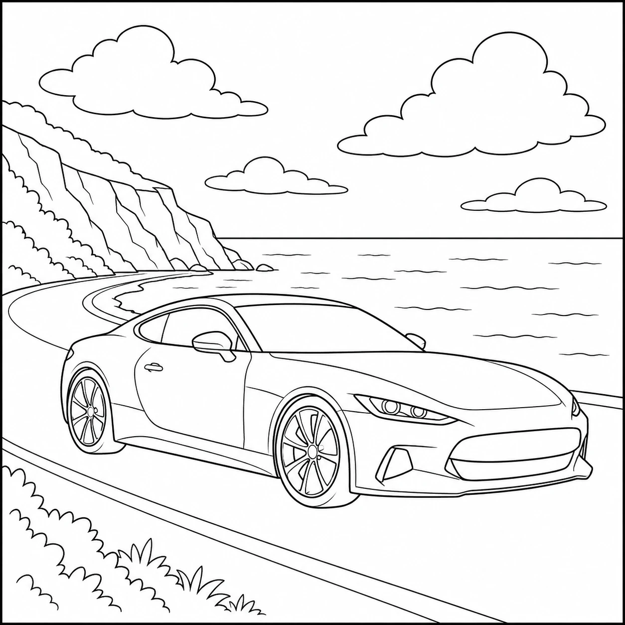 Gestroomlijnde sportauto op een kustweg met zee, rotsen en wolken op de achtergrond