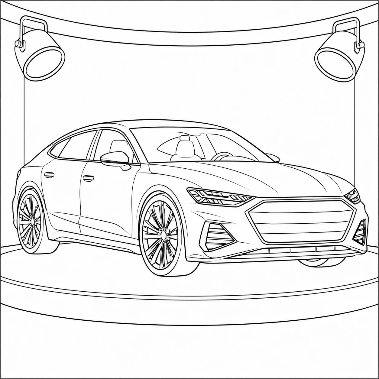 Sportback op een rond studiopodium met moderne lampen, scherpe koplampen en een vloeiende daklijn