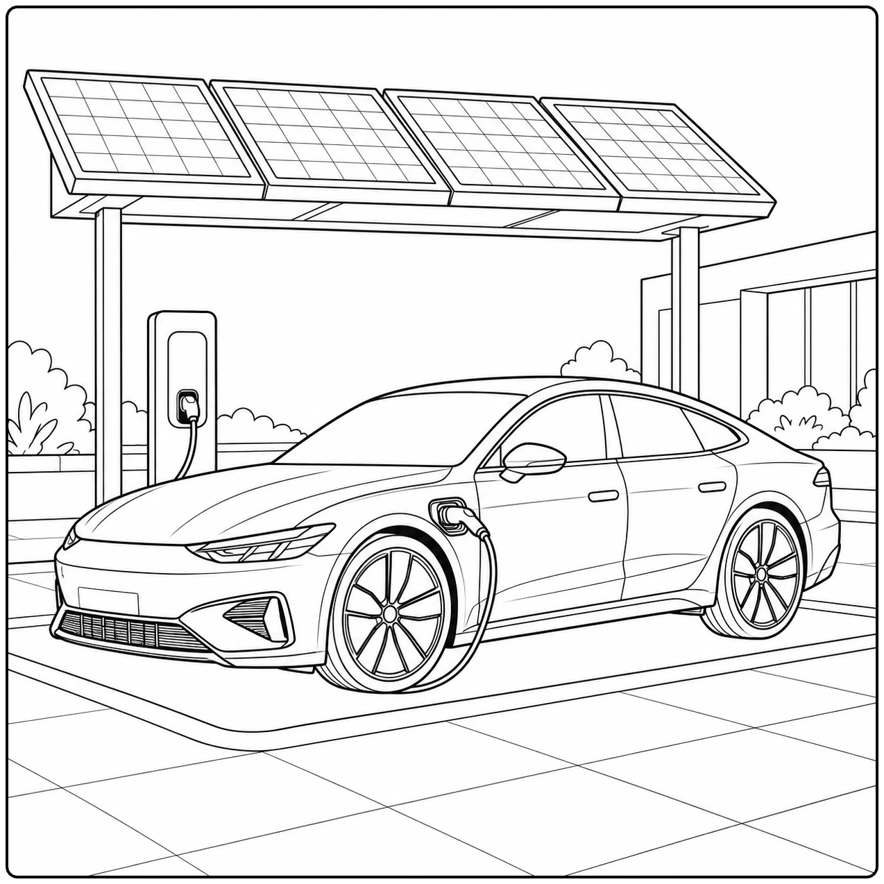 Elektrische Sportback onder zonnepanelen met laadpaal en kabel op een nette oprit