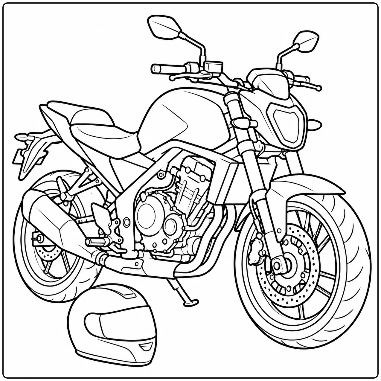Sportieve naked motor in driekwartaanzicht met een integraalhelm naast het voorwiel