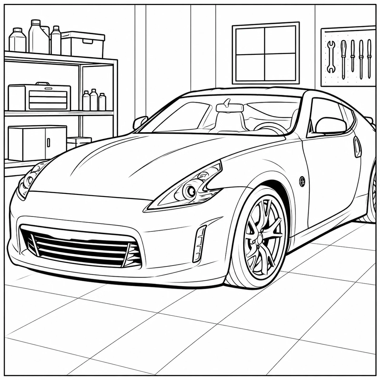 Sportieve Nissan coupé in een garage met duidelijke lijnen als kleurplaat auto nissan voor autoliefhebbers