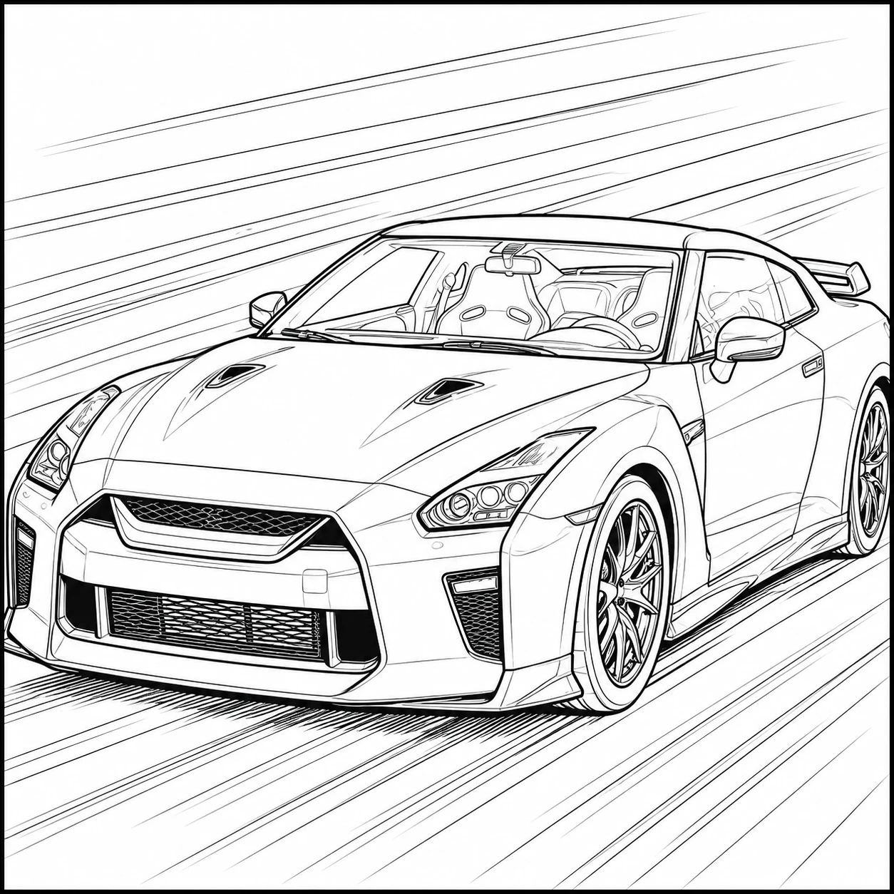 Sportieve Nissan GT-R met lage carrosserie, spoiler en dynamische lijnen voor autoliefhebbers