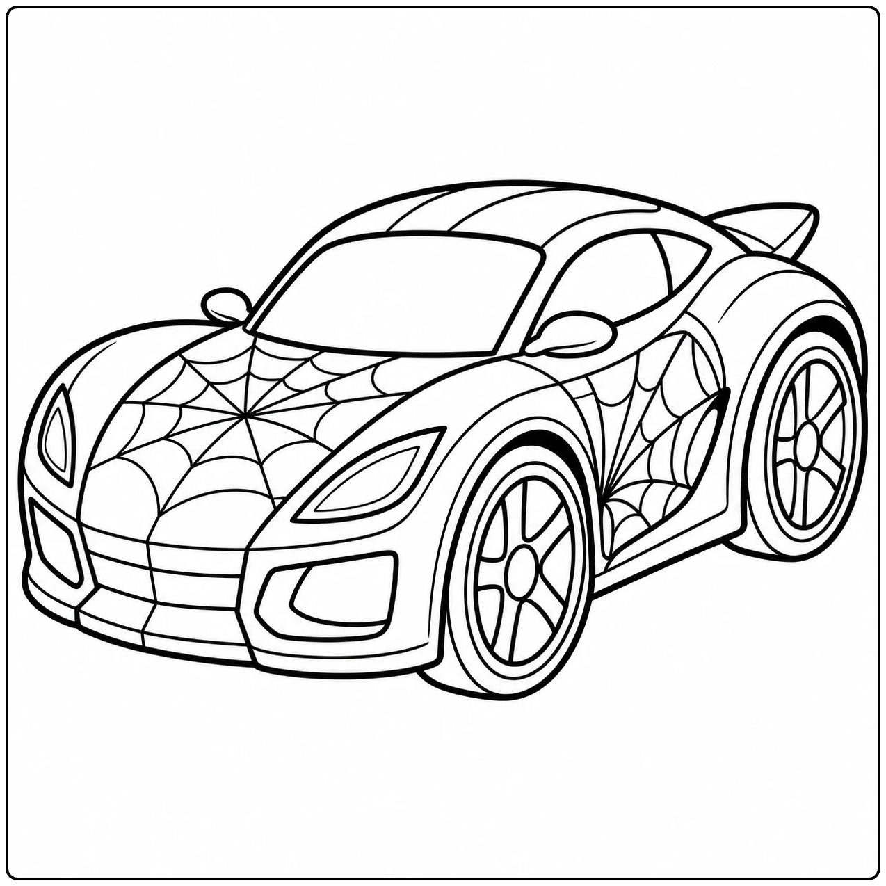 Kleurplaat spiderman auto met een sportieve wagen en spinnenwebdetails op de motorkap
