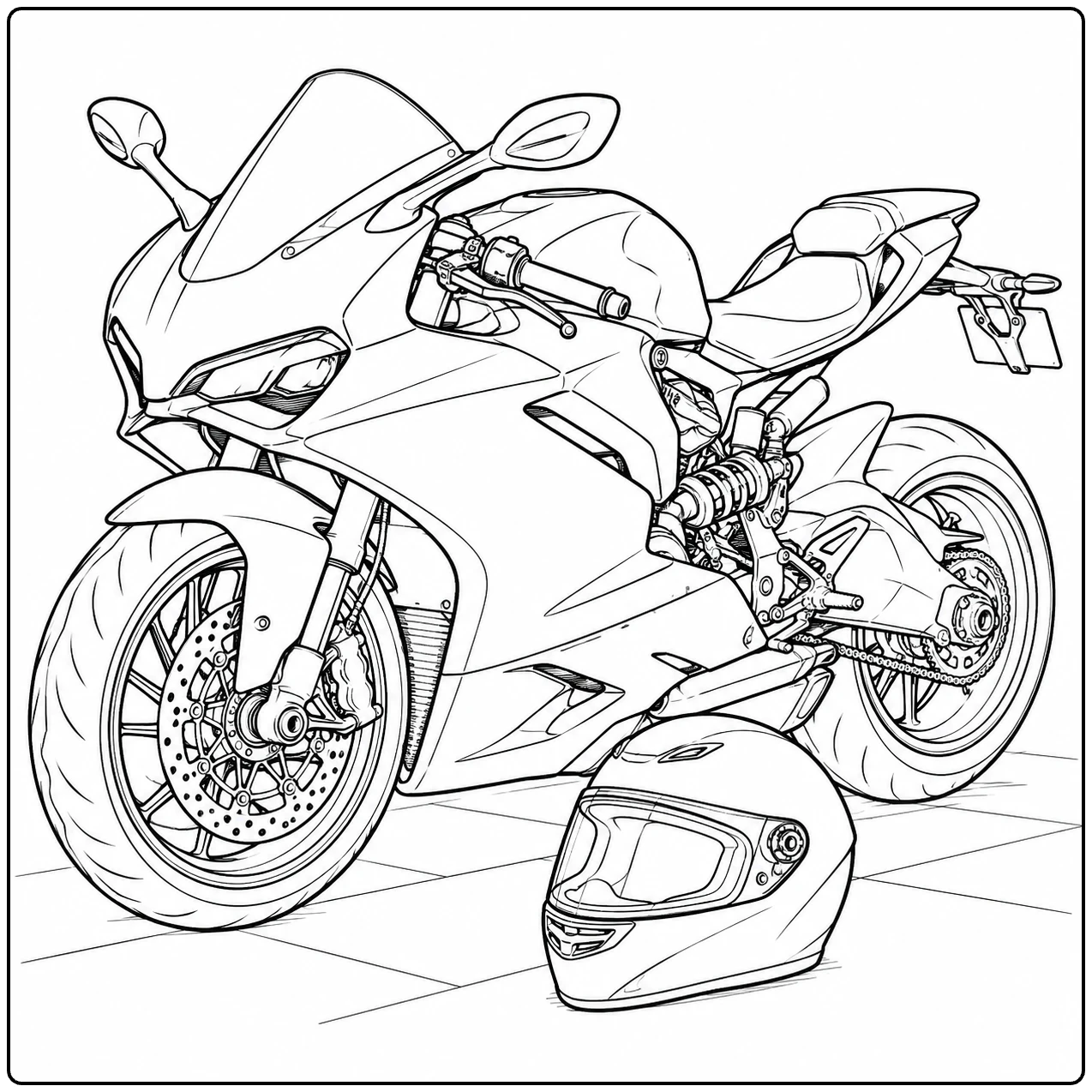 Geparkeerde kleurplaat motor ducati in driekwartaanzicht met een integraalhelm ervoor.