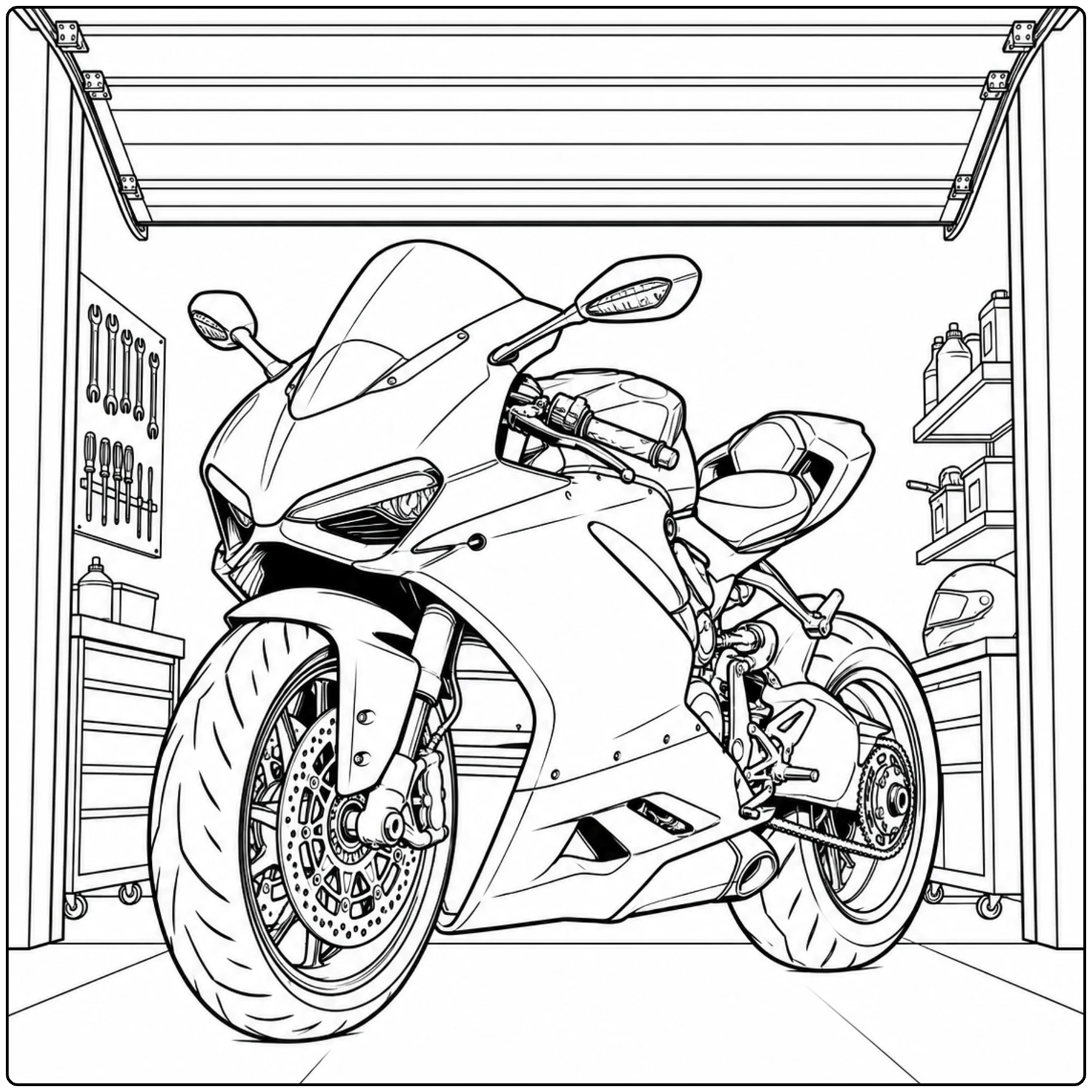 Sportmotor verschijnt in een open garage; kleurplaat motor ducati met werkplaatsdetails.
