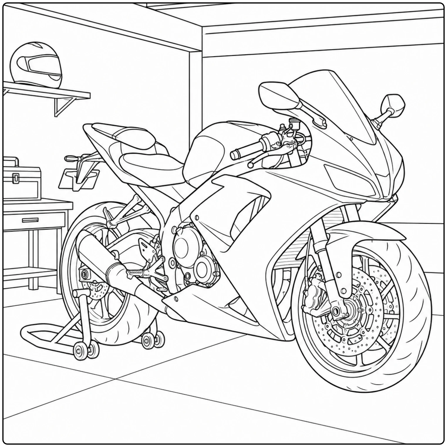 Sportmotor op een werkplaatsstandaard in een garage, passend bij honda motor kleurplaat voor liefhebbers