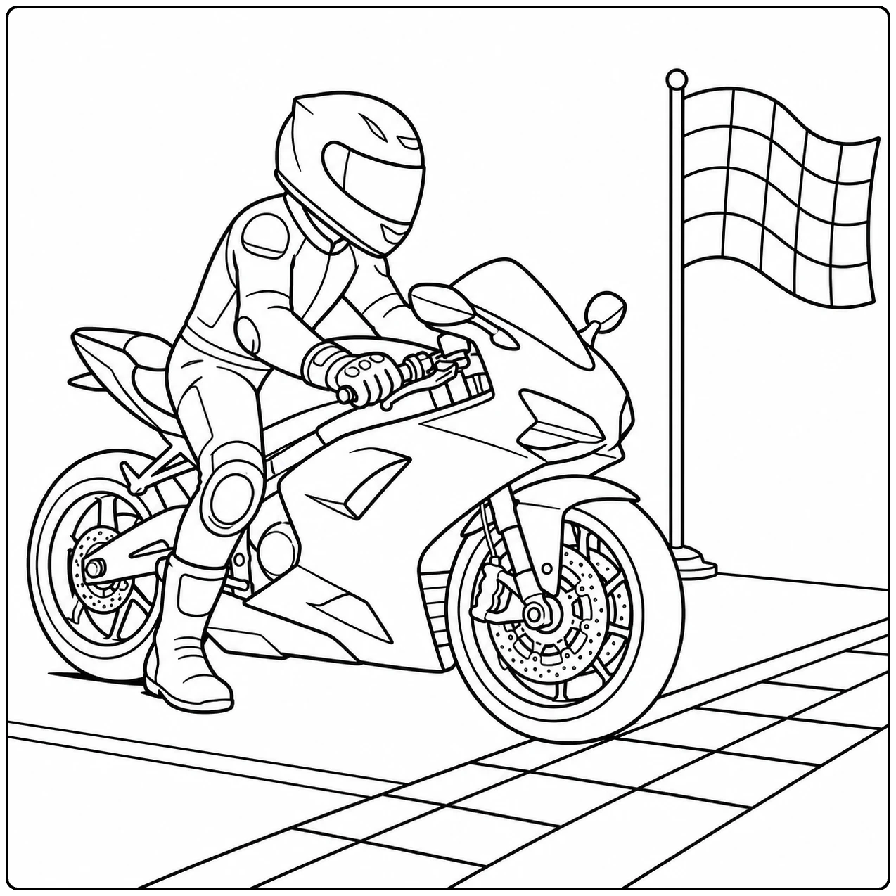 Rijder op een sportmotor bij de startlijn, met een geblokte vlag achter de motor.