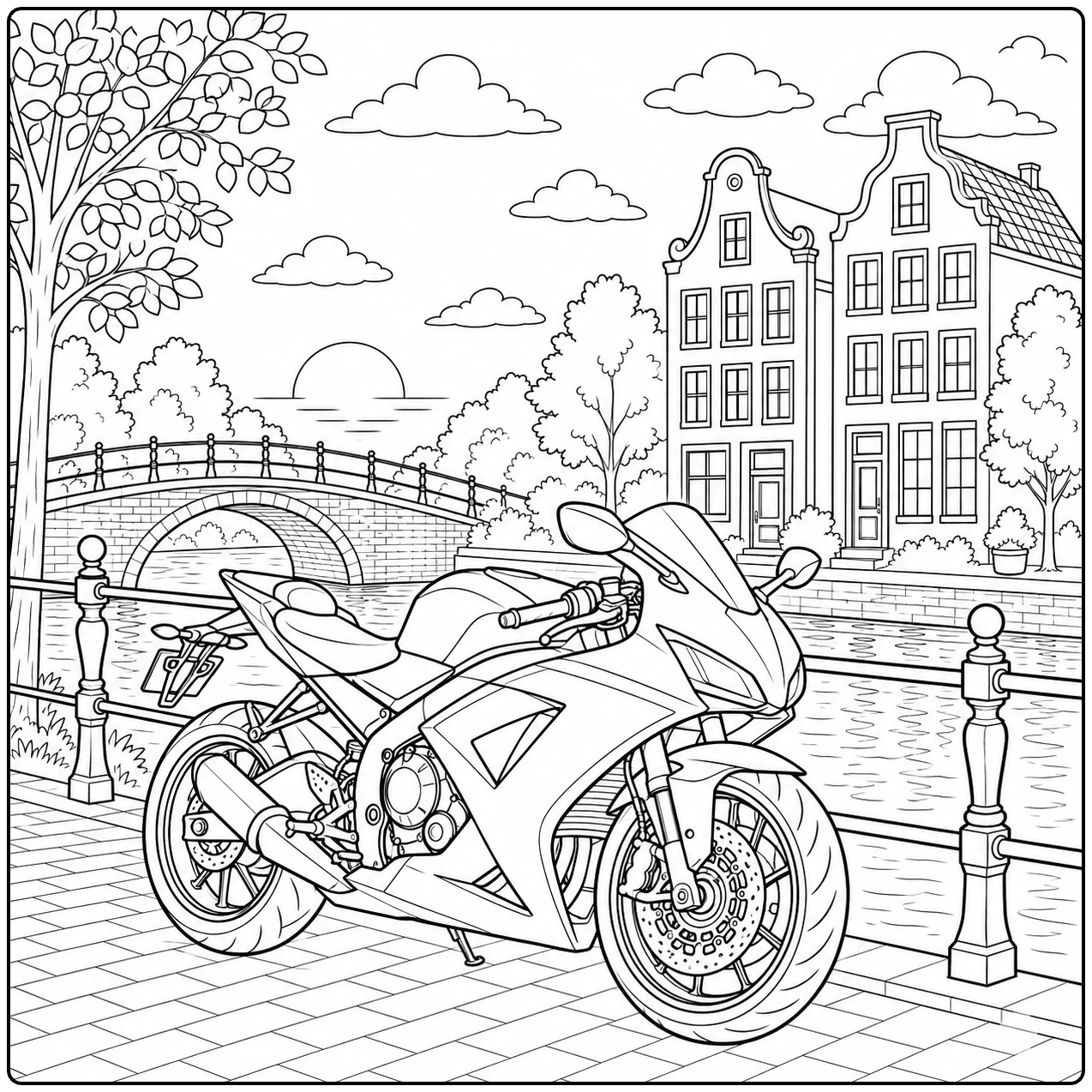 Geparkeerde kleurplaat motor ducati aan een Nederlandse gracht met brug en grachtenpanden.