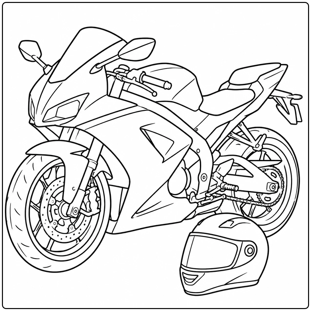 Sportmotor in driekwart aanzicht met een integraalhelm naast het voorwiel en brede kuipdelen