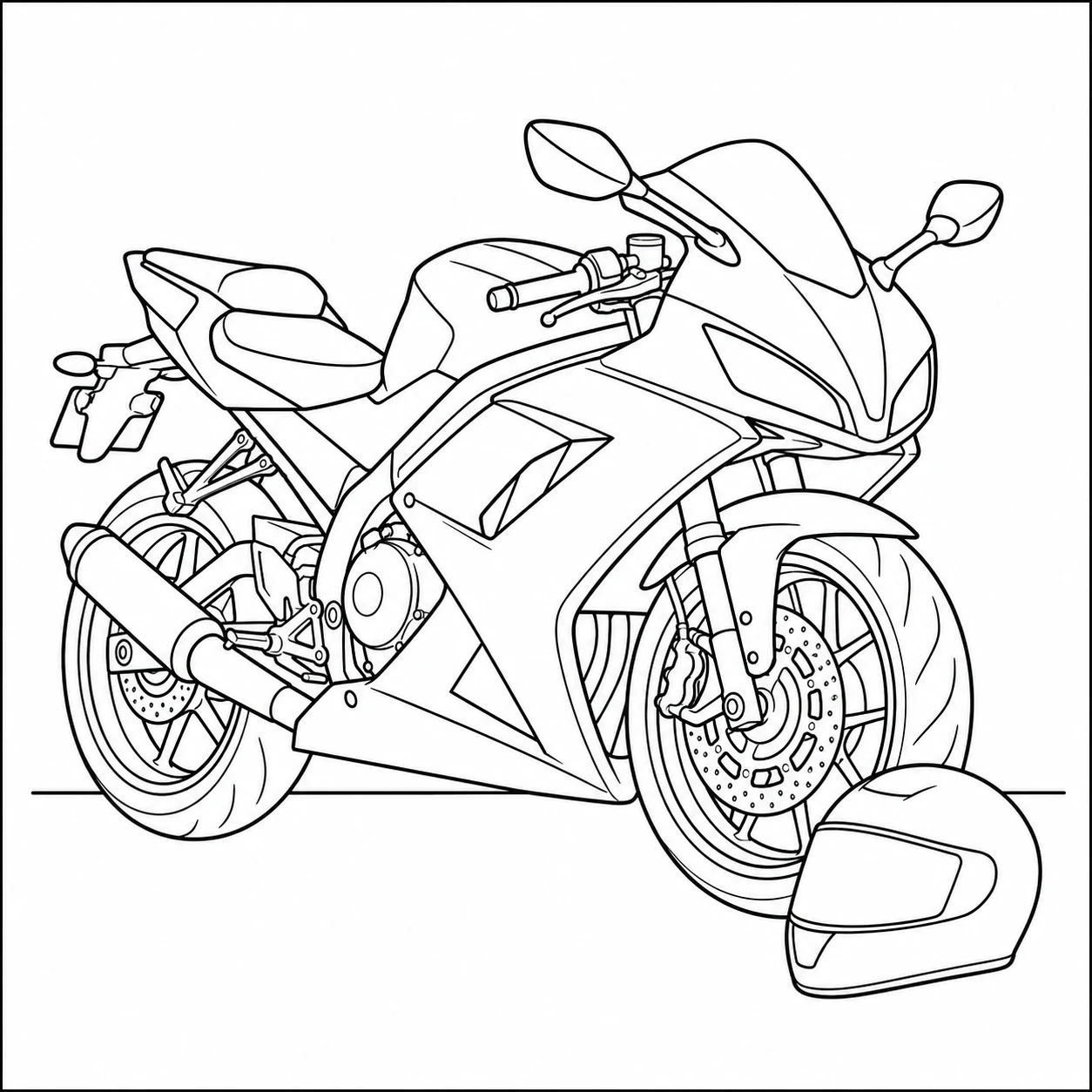 Sportmotor in driekwart aanzicht met een integraalhelm naast het voorwiel