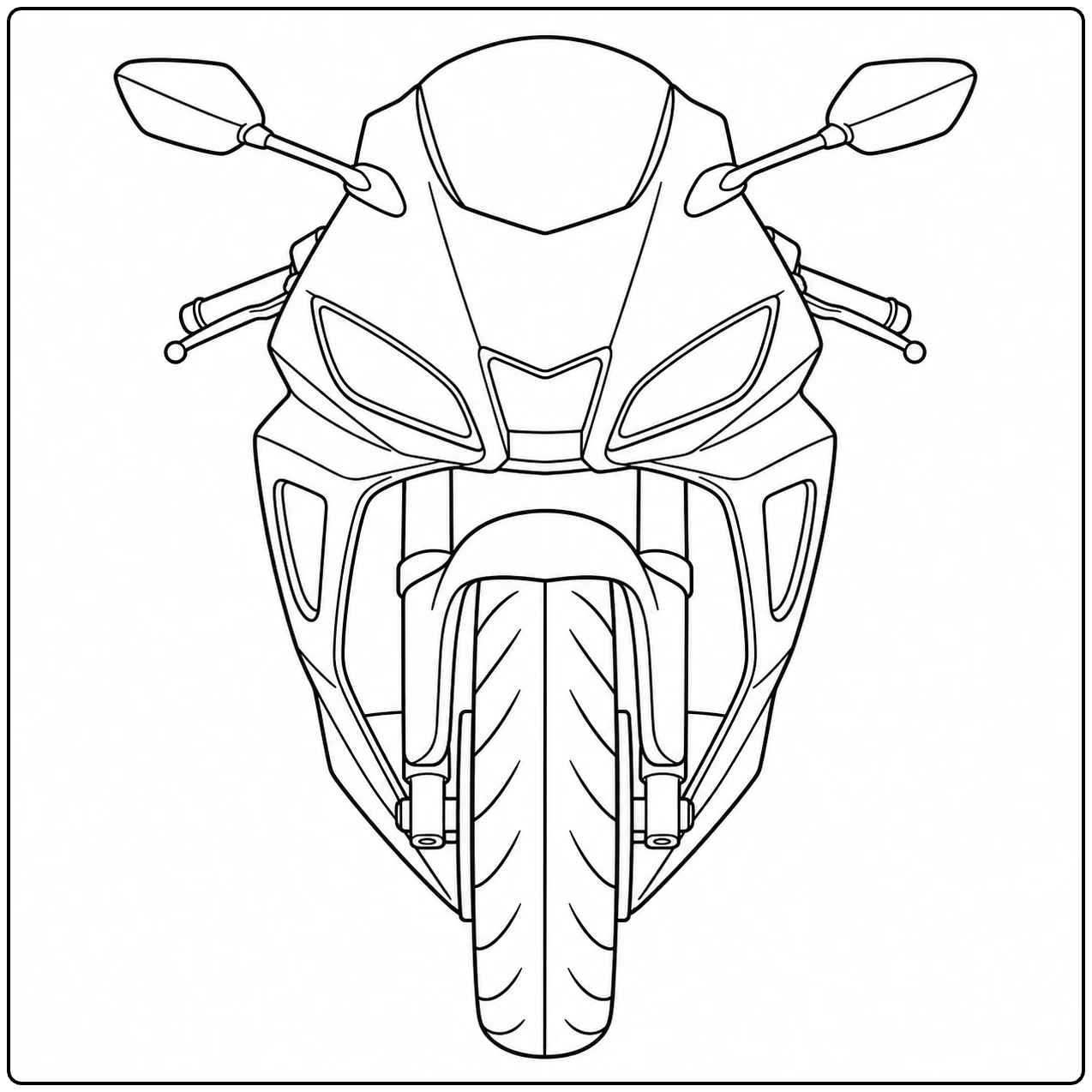 Frontaal zicht op een sportmotor met scherpe koplampen, spiegels en een brede voorband