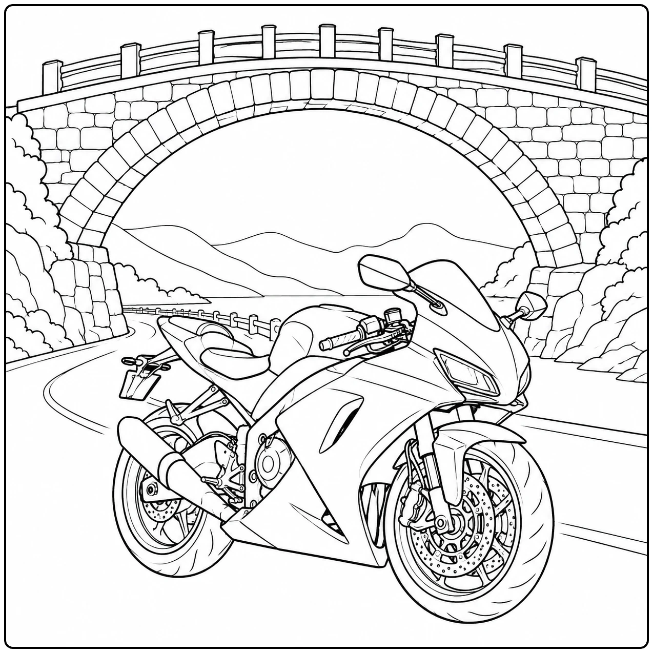 Sportmotor op een rustige weg onder een grote historische stenen boogbrug