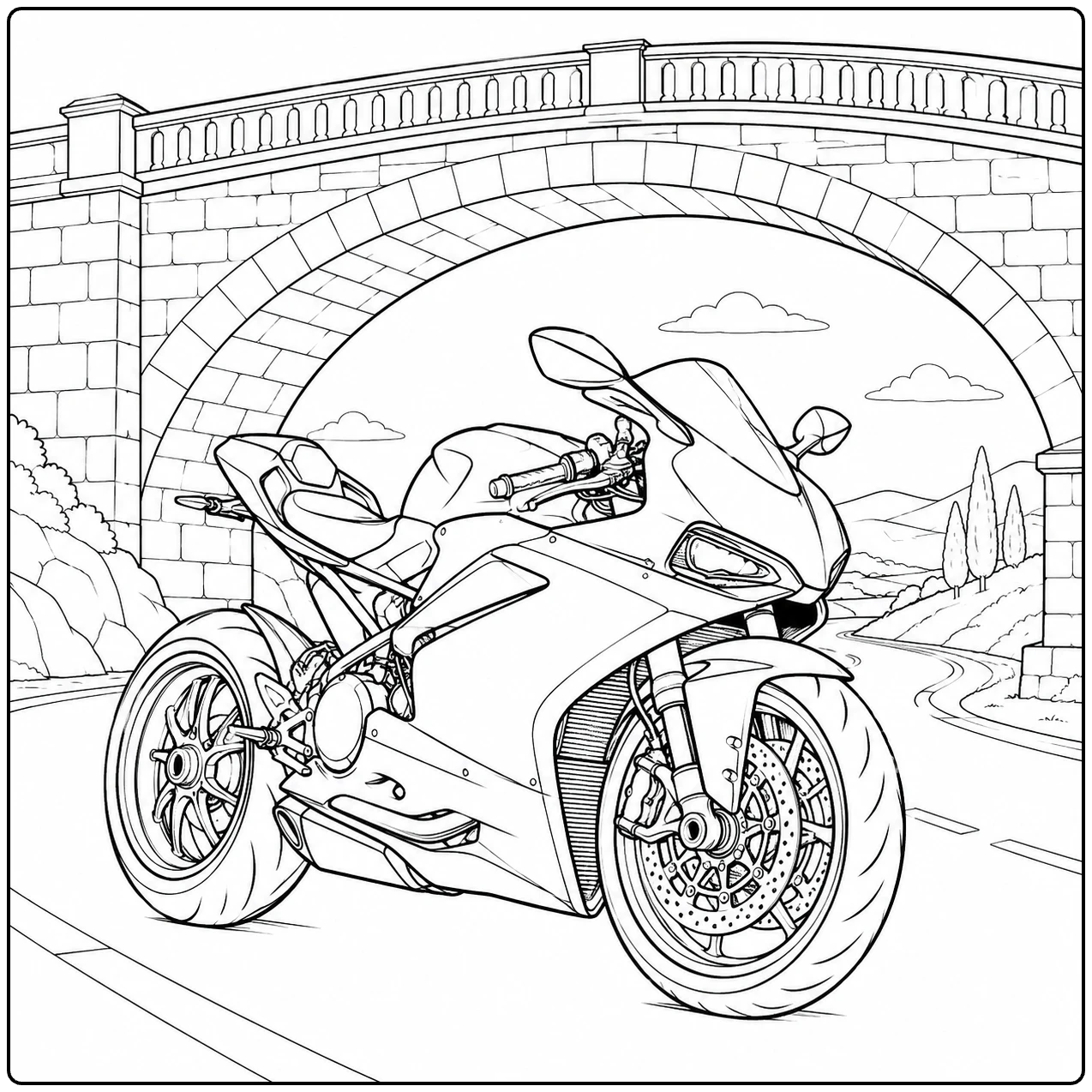 Sportmotor in driekwartaanzicht onder een grote stenen boogbrug op een rustige weg.