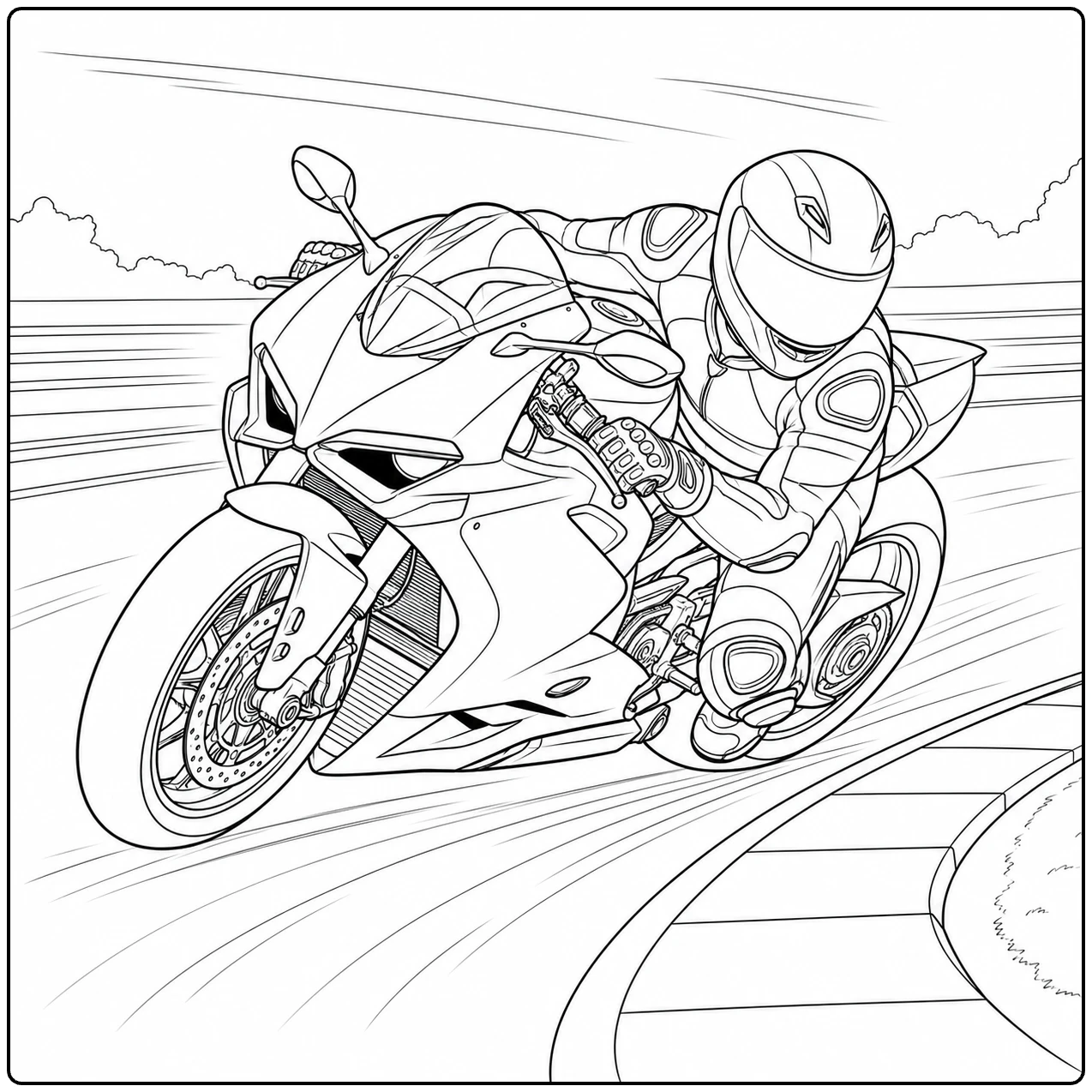 Een rijder helt met een kleurplaat motor ducati door een snelle bocht op het circuit.