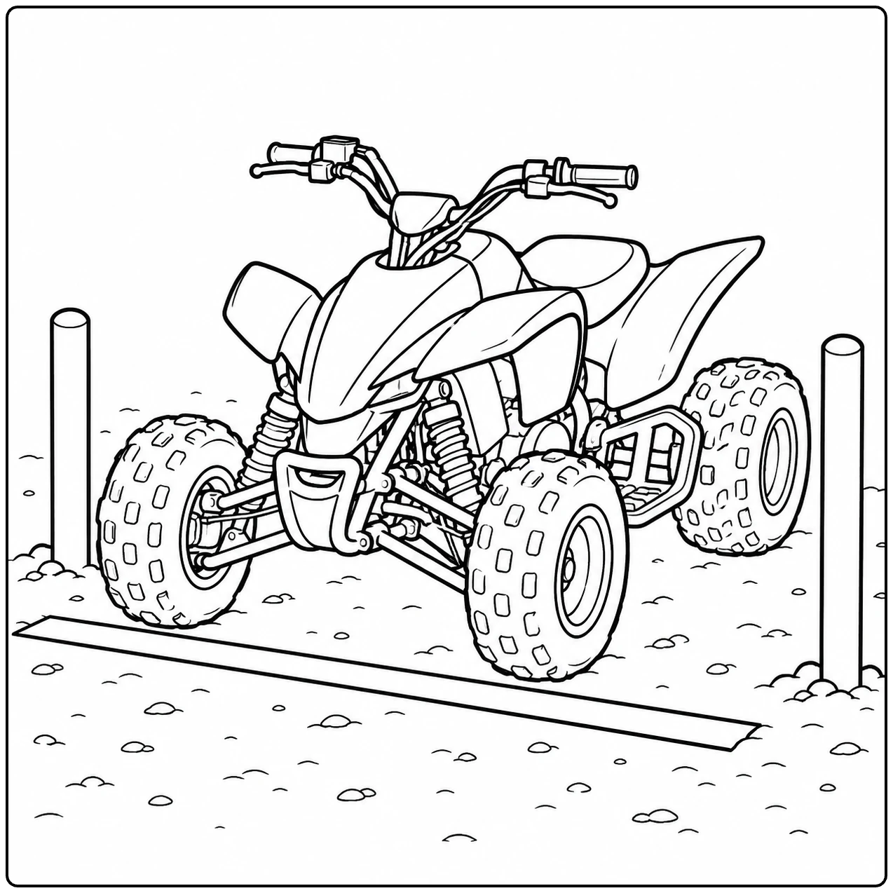Een kleurplaat quad staat op een afgebakend terrein met palen en grove profielbanden