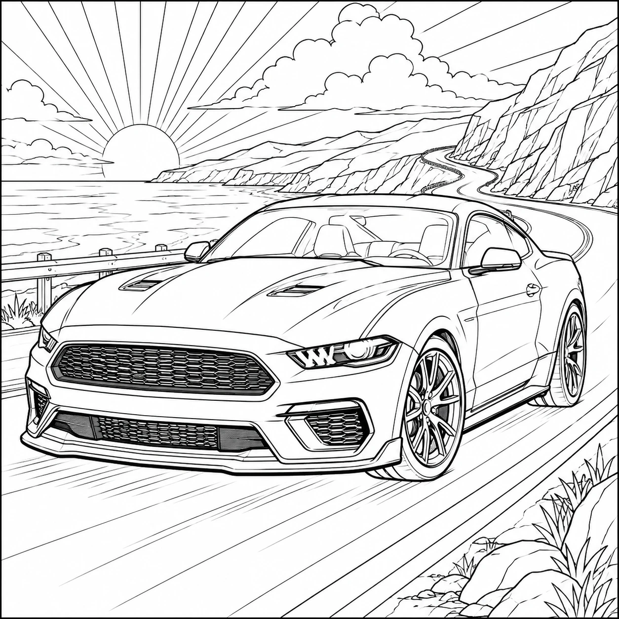 Kleurplaat auto ford met een sportwagen langs een kustweg bij zonsondergang