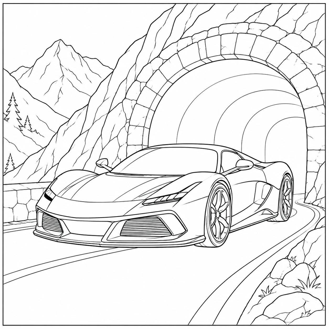 Snelle supercar verlaat een ronde bergtunnel langs rotsen en besneeuwde toppen