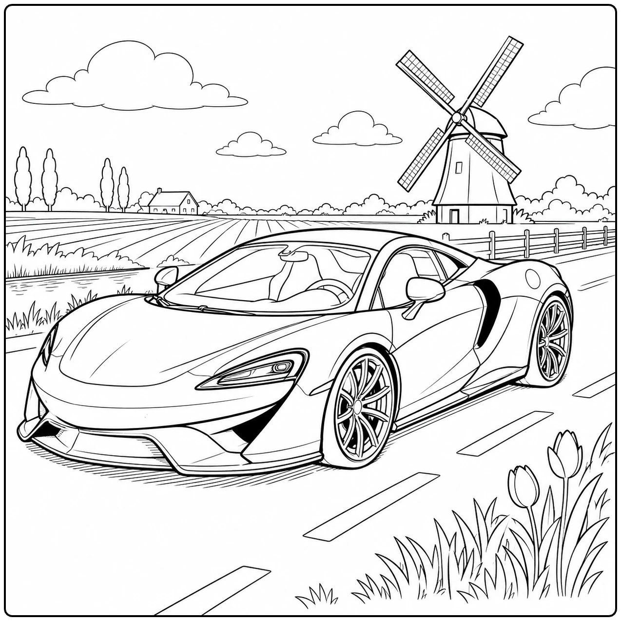 kleurplaat auto mclaren waarop een sportwagen langs een Nederlands landschap met windmolen staat